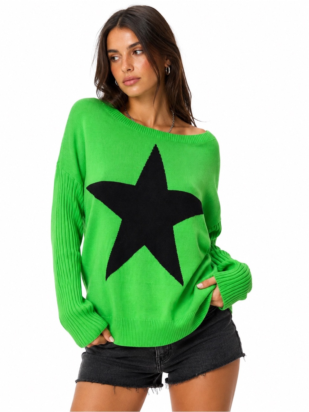 Neon Green Black Star Oversized Sweater Size L Y2K Punk